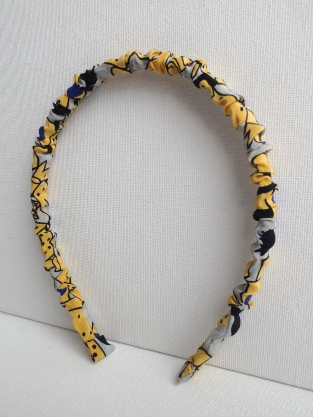 New Handmade Silk Headband in Yellow, Blue and Grey Print Pattern
